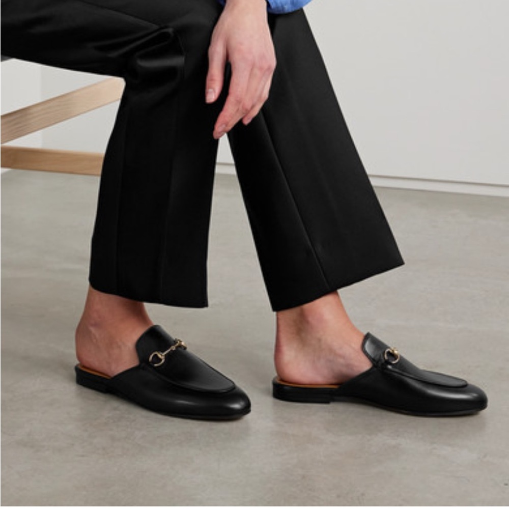 Gucci Black Leather Mules with Gold Detail - Picture 2 of 12